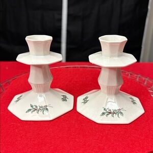 Nikko Ceramics White Candle Holders with Green and Red Accents